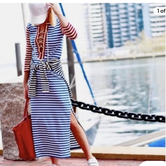 J. Crew Nautical Red White and Blue Maxi Dress - Picture 1 of 12